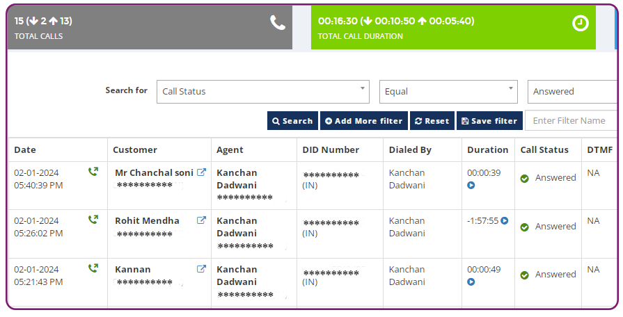 Capture call details in the Corefactors CRM