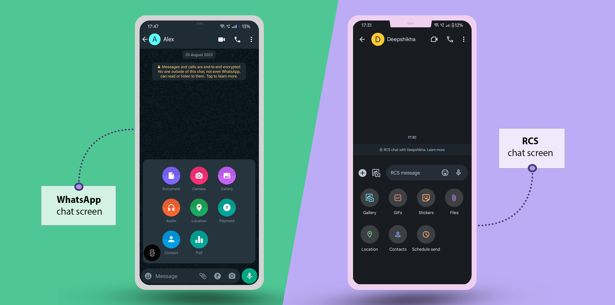 A comparison of WhatsApp and RCS chat screens