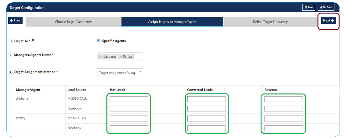 Assign targets to manager or agents