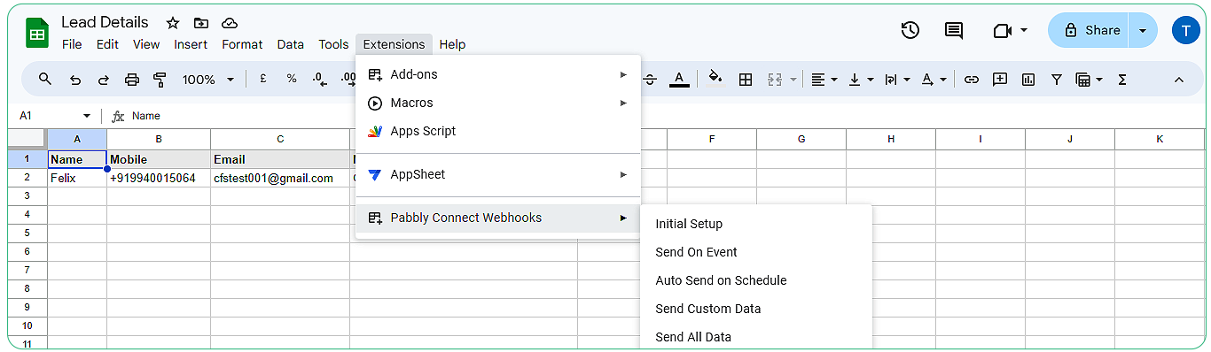 Google Sheet data to be sent via Pabbly Connect