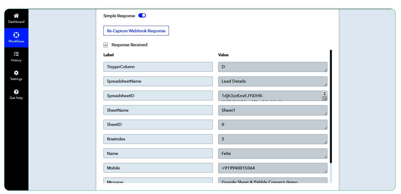 Response Received on Pabbly Connect