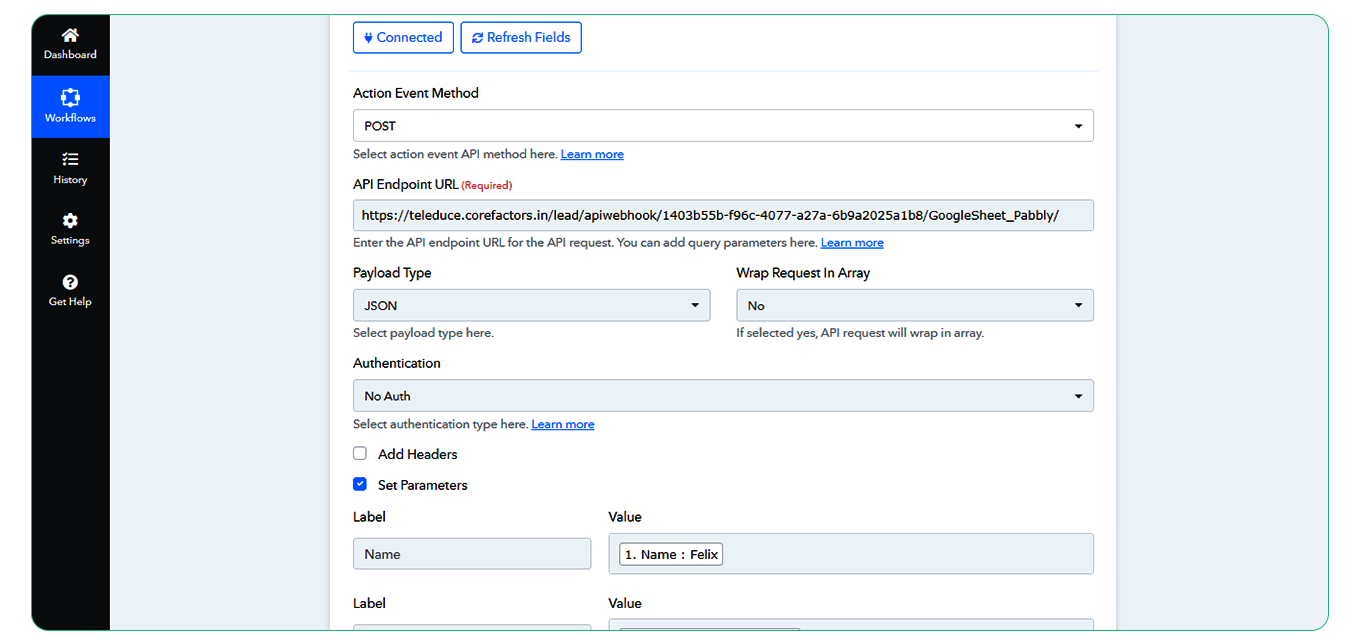 Select payload type and authentication on Pabbly Connect