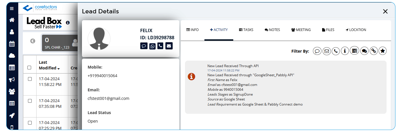 Send Data from Google Sheets to Corefactors Lead Box Using Pabbly Connect: A User Guide