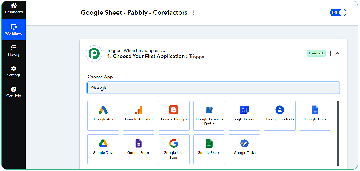 Search and select Google Sheets on Pabbly