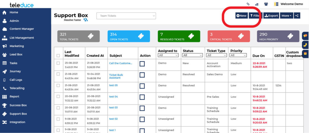 ticket id in teleduce support box