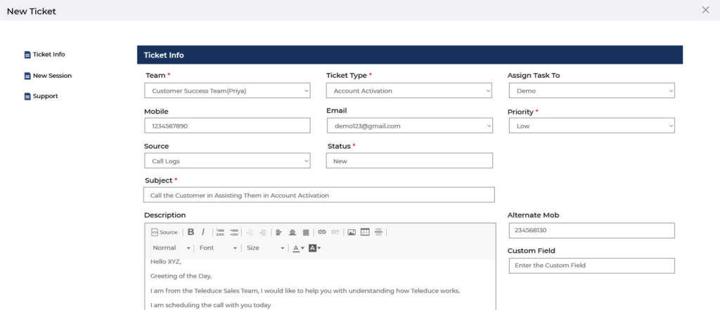 ticket info in support software