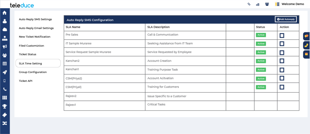 sla settings in teleduce